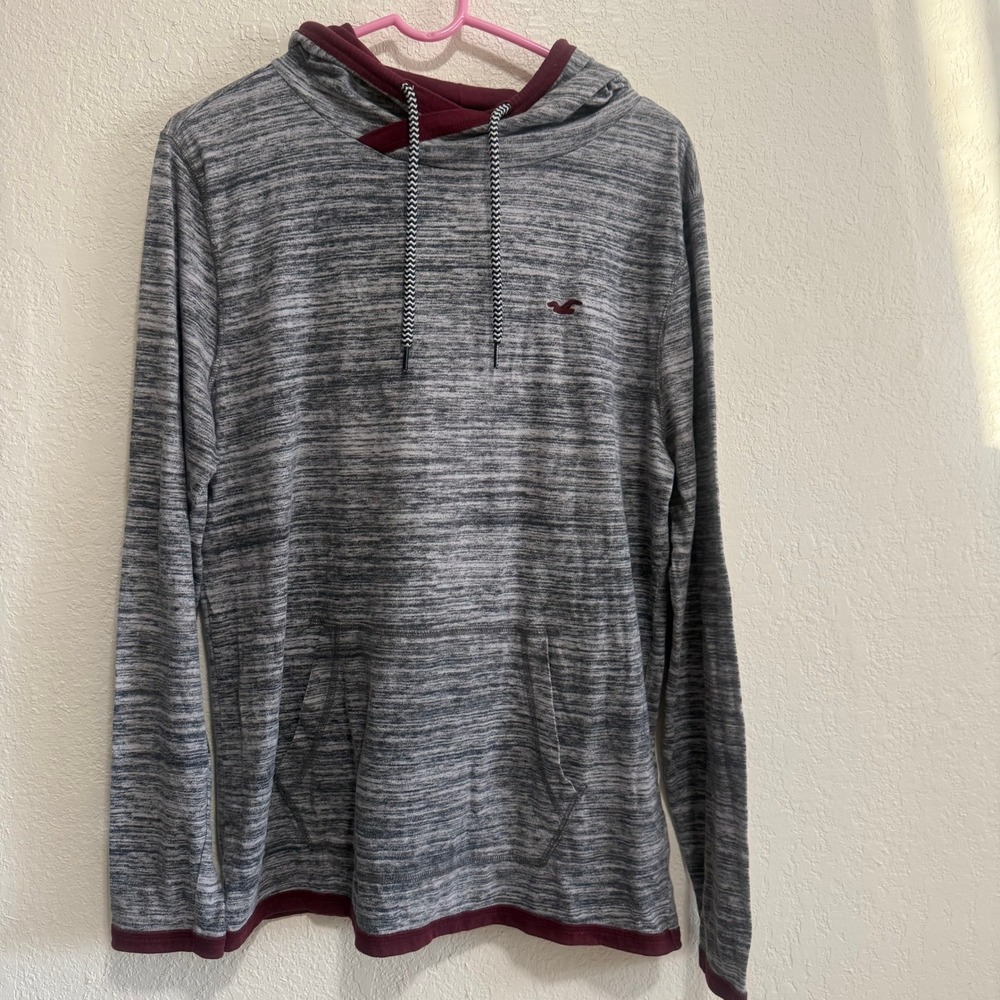 Hollister Heathered Gray Maroon Trim Hoodie Pullover Mens Size L Long Sleeve